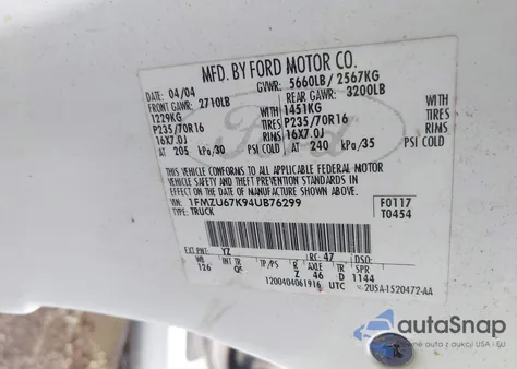 2004 Ford Explorer Sport Trac Adrenalin/Xls/Xlt z USA, uszkodzony, nr VIN 1FMZU67K94UB76299